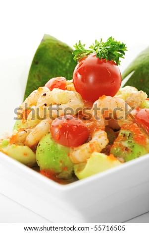 Salad with Avocado, Shrimps, Flying Fish Roe, Kiwi Sauce and Herbs