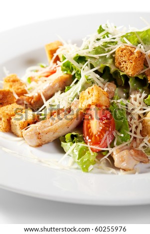 Caesar Salad with Meat. Comprises Romaine Salad Leaf and Croutons Dressed with Parmesan Cheese