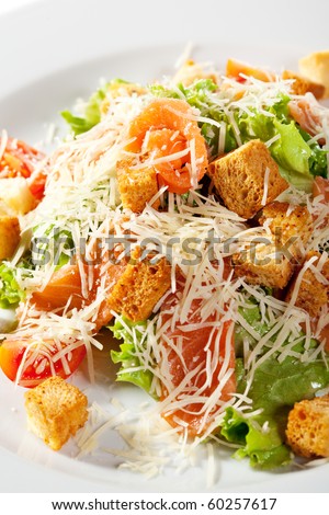 Caesar Salad with Salmon. Comprises Romaine Salad Leaf and Croutons Dressed with Parmesan Cheese