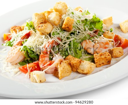 Caesar Salad with Seafood. Comprises Romaine Salad Leaf and Croutons Dressed with Parmesan Cheese