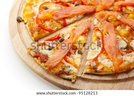 Pizza with Mozzarella, Salmon Slice, Black Olives and Vegetables