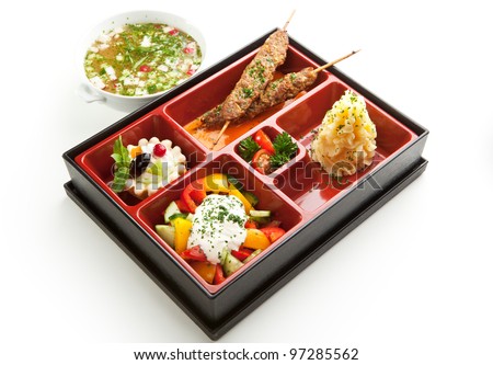 Japanese Meal in a Box (Bento) - Salad, Skewered Meat and Mashed Potato and Dessert