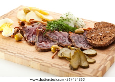 Roast Beef with Pickled Cucumber and Onions, Boiled Potato, Mushrooms and Toast