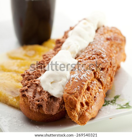 Delicious Dessert - Eclair with Caramel Banana and Ice Cream