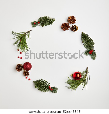 Christmas Round Frame from Natural Branches and Christmas Balls. Flat Lay