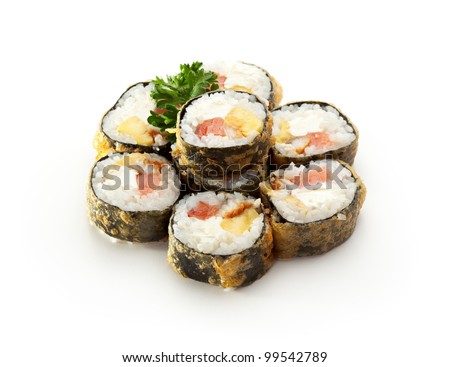 Tempura Maki Sushi - Roll made of Smoked Salmon, Smoked Eel, Pineapple and Cream Cheese inside