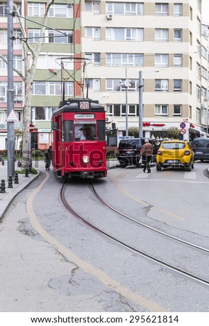 Istanbul, Turkey - FEB 11: Nostalgic public tram in Moda, Kadikoy, Istanbul. Formerly widespread tram is now kept on one line as a nostalgic attraction in Asian side of Istanbul on February 11, 2015.