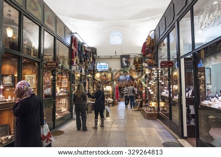 Bursa, Turkey - May 6, 2014: Interior view from the Grand Bazaar or Kapalicarsi of Bursa, Turkey on May 6, 2014