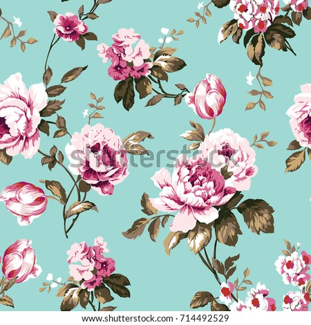 Shabby chic vintage roses, tulips and forget-me-nots vintage seamless pattern, classic chintz floral repeat background for web and print - raster version