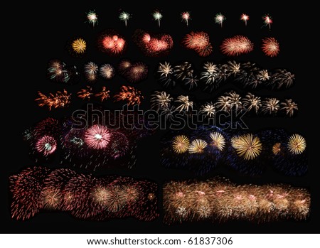 A set of fireworks. Fireworks on a black background. This picture is consists of eleven images stitched together.