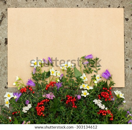 rough sheet of paper and flowers on the pavement