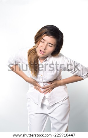 Woman heaving belly ache on white background