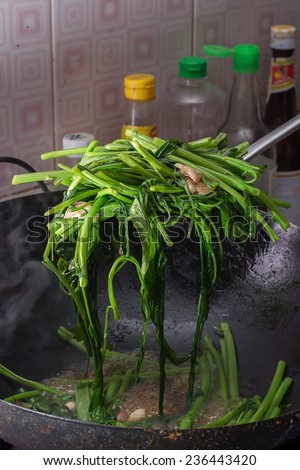 Stir Fried Water Spinach,thai food - Selective focus point