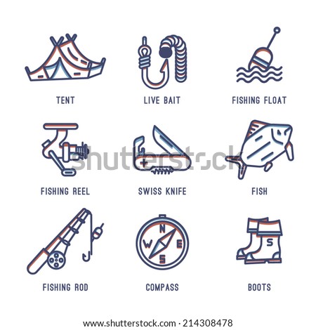 Set of icons about fishing.Fish, fishing rod, hook, compass,Swiss army knife, float fishing, tent, boots, reel fishing, the worm,bait.