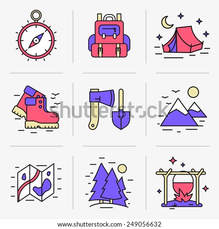 Set of vector icons into flat style. Equipment for outdoor activities, hiking and breaking camp, outdoor recreation. Isolated Objects in a Modern Style for Your Design.