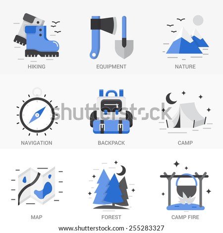 Set of vector icons into flat style. Equipment for outdoor activities, hiking and breaking camp, outdoor recreation. Isolated Objects in a Modern Style for Your Design.