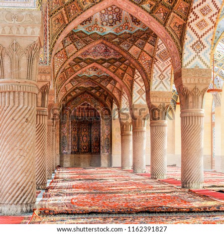 Arabic arches and ornaments in the interior. Moroccan interior. The Nasir ol Molk Mosque. 3d illustration