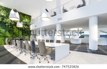 Garden wall in office interior. Green wall in interior. Modern meeting room. Plants on wall. Meeting office. 3d illustration.