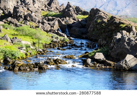 Waterfall of the Oexara River in Pingvellir, Iceland. UNESCO World Heritage Site, Pingvellir is geological important, because the Eurasian and American tectonic plates drift apart.
