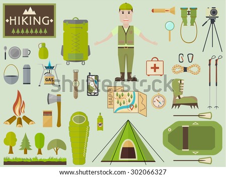 Equipment and accessories for hiking, tourism, and outdoor recreation.Elements in flat style for info-graphic.