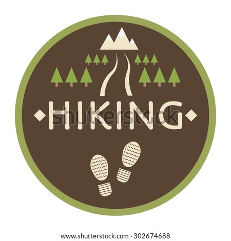Vector logo Hiking. Design icon, travel, Hiking and outdoor recreation. Trail, the road through the forest leading to the mountains.The symbol of the traveler.Traces of shoes on a brown background.
