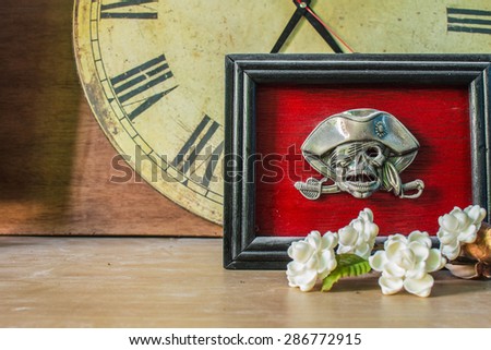 Picture frames skull on the background of wood.