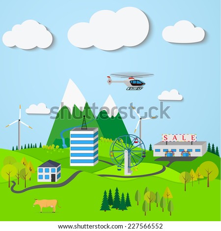 Mountain landscape with the town, windmills, trees, mountain waterfall under a cloudy sky. Vector illustration.