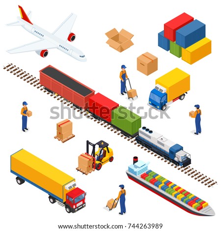 Isometric Logistics composition of different transportation distribution vehicles, delivery elements. Air cargo trucking, rail transportation, maritime shipping.