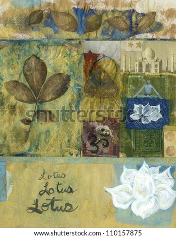 Yoga mixed media art collage with leaves and lotus blossoms and the Taj Mahal.