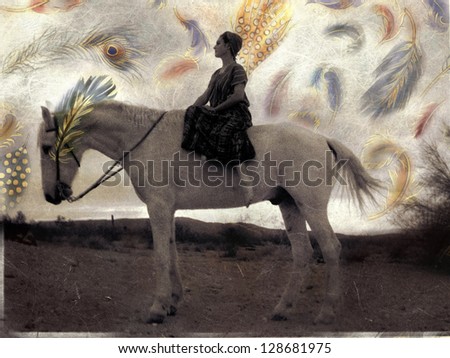 Woman on white horse with exotic feathers flying about.