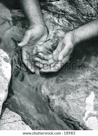 A man's hands in a clear stream. Black and white image.