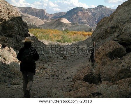Female desert hiker in a majestic mountainous scene.
