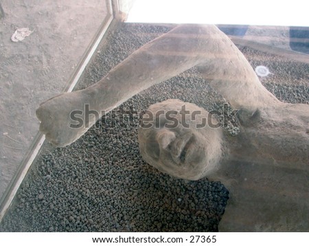 Pompeii reproduction of unearthed human figure that was buried in the ash.