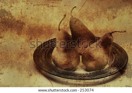 Pears On A Silver Platter with a faux alternative process for an aged fine art quality. The textural stains in this image were created using my Urban Textures image # 189492