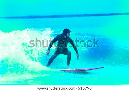 Soft focus motion blurred blue toned images of surfers. Middle aged male surfer on wave.