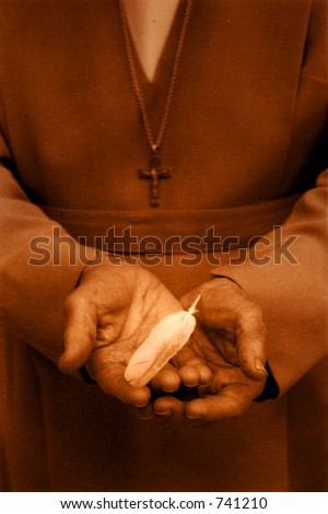 Hands of a catholic nun offering a white feather.Print on Gampi paper. Organic grain.