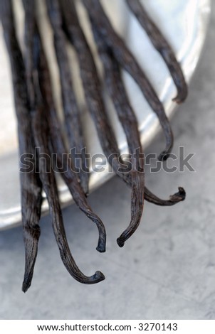 Still life photography of whole vanilla beans. Shallow depth of focus.