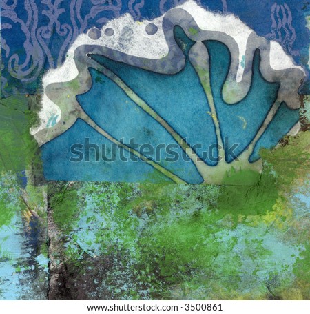 Collage abstraction of textural colors blue and green representing earth, sea, and sky.