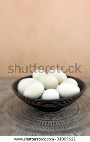 Green organic range free chicken eggs still life photograph with LENSBABY  soft focus lens.
