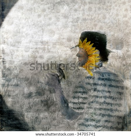 Mystical sunflower man and bird in the garden. Photo based illustration.