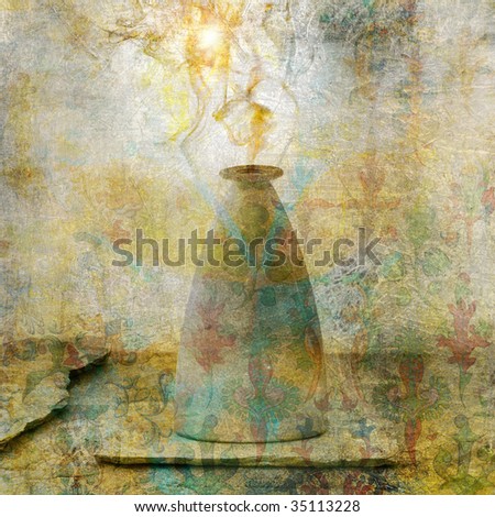 Alchemical vessel releasing vapor. Photo based illustration.