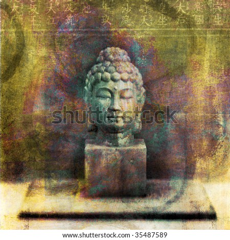 Buddha head sculpture photographed in studio. Photo based illustration.