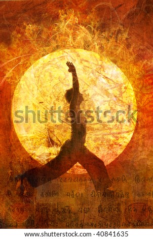 Woman in yoga warrior 1 Sun Salute pose in a circular sun light.