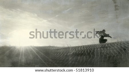 Abstract kneeling woman on sand dune with sun. Scan of alternative photograph.