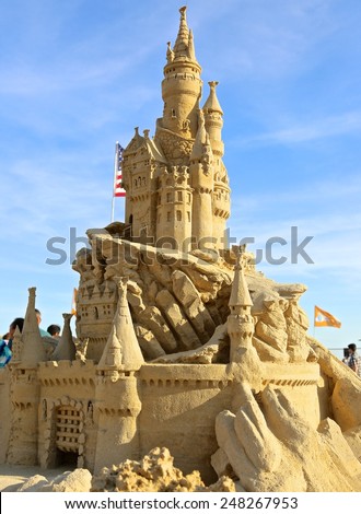 Atlantic City,NJ/USA-July 28,2014: Sand sculpting competition has evolved into a major performing arts attraction in Atlantic City, NJ. This piece of sand art was made by American Rich Varano.