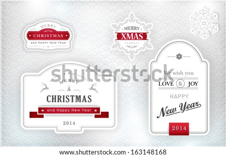 Set of Merry Christmas and Happy New Year labels and snowflakes in elegant shades of gray silver white and red on textured silver background with light effects Vector Set of Merry Christmas and Happy New Year labels and snowflakes in elegant shades of gray silver white and red on textured silver background with light effects Vector