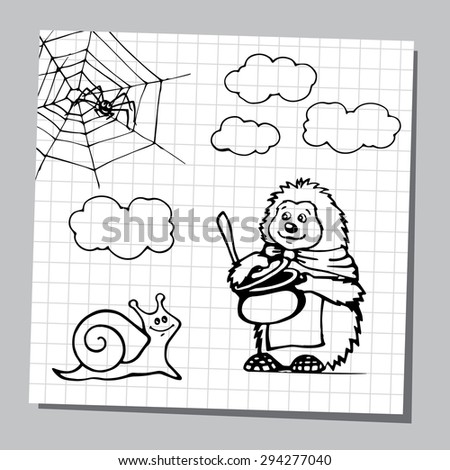Set of cartoon wild animals and insect, black and white outline