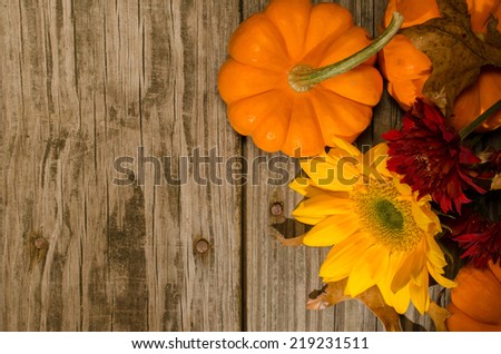 Pumpkins and Sunflower Top view of tabletop with mini pumpkins, dried leaves, a sunflower, and red mums.
