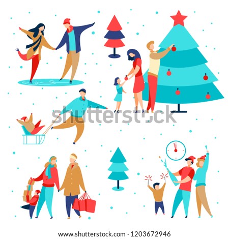 Modern cartoon flat characters family winter holidays,happy new year concept set.Flat small people happily decorating Christmas tree,celebrating holiday,shopping,carry gift boxes,ice skating,sledding