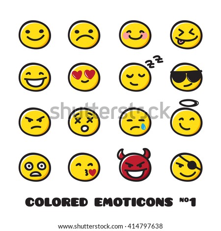 Vector cute doodle style emoticons collection. Colored emoji set. Emotion icons.